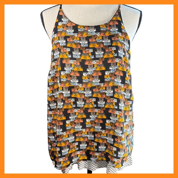 Porridge Tops - Porridge Tank Top Suitcase Print Sleeveless Black Orange Travel Vacation Size S